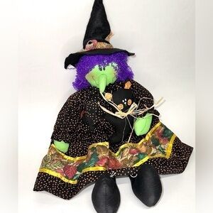 Halloween Witch Plushie 20” w/ Black Cat Shelf Sitter Husk Bow Tie Autumn